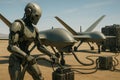 Humanoid robot refueling drones on a desert airstrip, only tech elements. Generative AI. Royalty Free Stock Photo