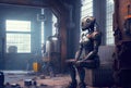 A humanoid robot with rusty sits contemplating in old abandoned factory. Technology and Artificial intelligence concept. Royalty Free Stock Photo