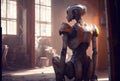 A humanoid robot with rusty sits contemplating in old abandoned factory. Technology and Artificial intelligence concept. Royalty Free Stock Photo