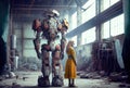 A humanoid robot with rusty sits contemplating in old abandoned factory. Technology and Artificial intelligence concept. Royalty Free Stock Photo