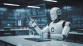 A Humanoid Robot is Seated at a Desk Interacting with a Digital Interface in a Futuristic Setting Royalty Free Stock Photo