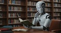 A humanoid robot is seated at a wooden table in a library, engrossed in reading an