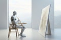 Humanoid robot seating in white art studio and creating a artwork. Concept of computer-generated art Royalty Free Stock Photo