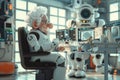 Humanoid robot senior engineer at robotics company seated at workstation with multiple monitors