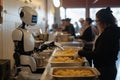 Humanoid robot serving food in modern buffet setting, showcasing advanced technology in culinary automation restaurant Royalty Free Stock Photo