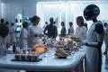 Humanoid robot serving food in modern buffet setting, showcasing advanced technology in culinary automation restaurant Royalty Free Stock Photo