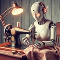 Humanoid robot sews on a retro sewing machine