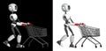 A humanoid robot with a shopping trolley. Isolated on black and white background. Future concept with robotics and artificial