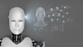 Futuristic humanoid robot with digital interface showing brain activity and data analytics displayed in futuristic cyber Royalty Free Stock Photo