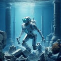 A robot who is in underwater, discovering ancient submerged ruins in the depths of the ocean. Generative Ai Royalty Free Stock Photo