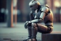 A humanoid robot sits contemplating on the side of a city street. Technology and Artificial intelligence concept. Generative AI
