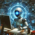 A humanoid robot sits at a desk, interacting with a computer, surrounded by a cosmic background filled with mathematical equations