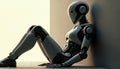 Humanoid robot sits leaning on wall. Advanced android shows intricate mechanics and relaxed pose. Futuristic machine in Royalty Free Stock Photo