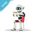 Humanoid robot sitting on chair, holding resume and waiting job interview.