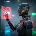 Futuristic Humanoid Robot Interacting with Holographic Interface in Cyberpunk City Royalty Free Stock Photo