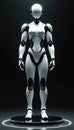 Humanoid robot with sleek white body and black accents stands on illuminated platform. Futuristic android, android, artificial Royalty Free Stock Photo
