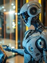 A humanoid robot with a sleek, white design uses a touchscreen interface in a modern setting. The robots head is turned