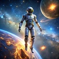 Humanoid Robot in Space Surrounded by Planets and Stars Advanced Sci-Fi Space Exploration