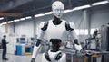 A humanoid robot stands confidently in a cutting-edge robotics factory, background