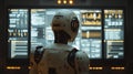 Humanoid robot stands in front of futuristic control panel, surrounded by glowing screens displaying data and analytics. scene Royalty Free Stock Photo