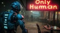 Humanoid robot stands in front of neon sign Only Human in bar or cafe, dark grungy alley of cyberpunk city with low light. Concept Royalty Free Stock Photo