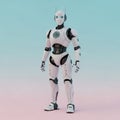 A humanoid robot stands on a gradient background of blue and pink Royalty Free Stock Photo