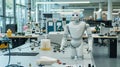A humanoid robot stands on a workbench in a contemporary lab, surrounded by various electronic components and equipment Royalty Free Stock Photo