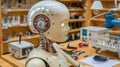 A humanoid robot stands on a workbench in a contemporary lab, surrounded by various electronic components and equipment Royalty Free Stock Photo