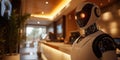 humanoid robot in suit stands behind modern reception counter in warmly lit lobby