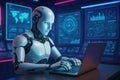Humanoid robot typing on a laptop in a futuristic control room with screens android artificial intelligence Royalty Free Stock Photo