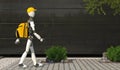 Humanoid robot in a uniform with a yellow backpack. Robot courier. Delivery service. Replacing human labor with robotics. Future Royalty Free Stock Photo