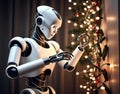 A humanoid robot untangling Christmas lights Royalty Free Stock Photo
