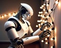 A humanoid robot untangling Christmas lights Royalty Free Stock Photo