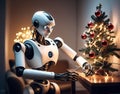 A humanoid robot untangling Christmas lights Royalty Free Stock Photo