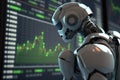 Humanoid robot using artificial intelligence to analyze stock market trading data. Generative AI Royalty Free Stock Photo