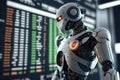 Humanoid robot using artificial intelligence to analyze stock market trading data. Royalty Free Stock Photo