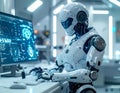 Humanoid Robot Using Computer with Advanced AI Technology in Futuristic Laboratory Royalty Free Stock Photo