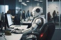 Humanoid robot using his laptop computer. Artificial intelligence helping to write a code. Robot programming in office environment Royalty Free Stock Photo