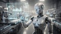 Humanoid Robot Using Transparent Digital Interface in Smart Factory, Representing Artificial Intelligence, Data Analytics, and Royalty Free Stock Photo
