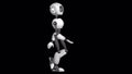 A humanoid robot walking and points with his hands to something. 2D animation. Alpha channel. Isolated on transparent background.