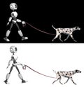 A humanoid robot walks a Dalmatian breed dog with a leash. Isolated on black and white background. Future concept with robotics