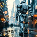 Lone robot explorer in a vast city on an alien world. Royalty Free Stock Photo