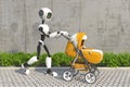 A humanoid robot walks on the street with a baby in a yellow baby stroller. Future concept with smart robotics and artificial inte