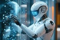 Humanoid robot washing glass with a rubber window cleaner, robot, cleaning, artificial intelligence Royalty Free Stock Photo