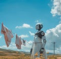 A humanoid robot wearing an apron hangs clothes to dry generative ai art