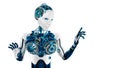 Cyborg female. humanoid robot woman points the forefinger. AI. Artificial intelligence.