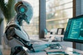 Humanoid robot worker working in an office on a computer