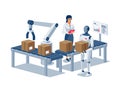 Humanoid robot working on assembly line near conveyor bolt