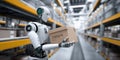 Humanoid robot working in automated warehouse carrying package Royalty Free Stock Photo