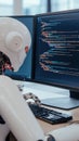 humanoid robot working on computer, coding in modern workplace setting